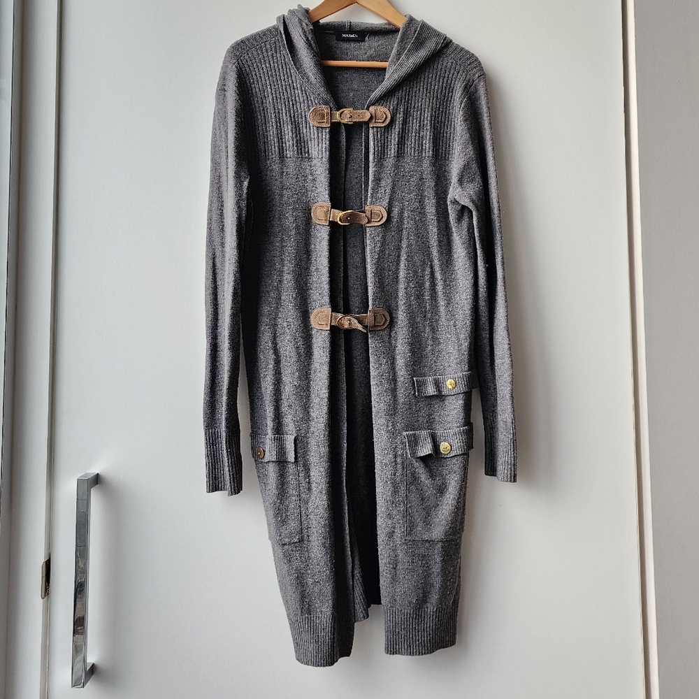 Max & Co Wool Hooded Long Knit Cardgian with Leather Trim Fasteners